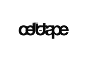 Close-up of a black logo on a black background with the word 'cellotape' in stylised text.