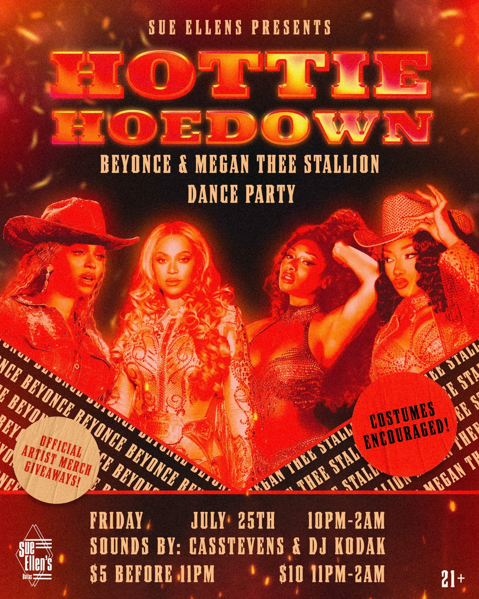 Promotional poster for a dance party event called 'Hot Tie Hoedown' featuring Beyonce and Megan Thee Stallion. The poster showcases four women dressed in western and cowgirl attire, with fiery red and orange background colors, and includes event deta