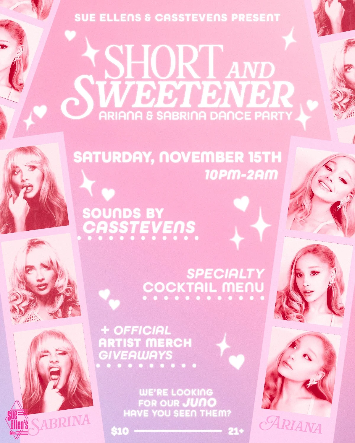 Pink-themed promotional flyer for a dance party featuring Ariana and Sabrina, with photos of the two women, details about the event on November 15th from 10 PM to 2 AM, sounds by Casstevens, a special cocktail menu, merchandise giveaways, and a call 