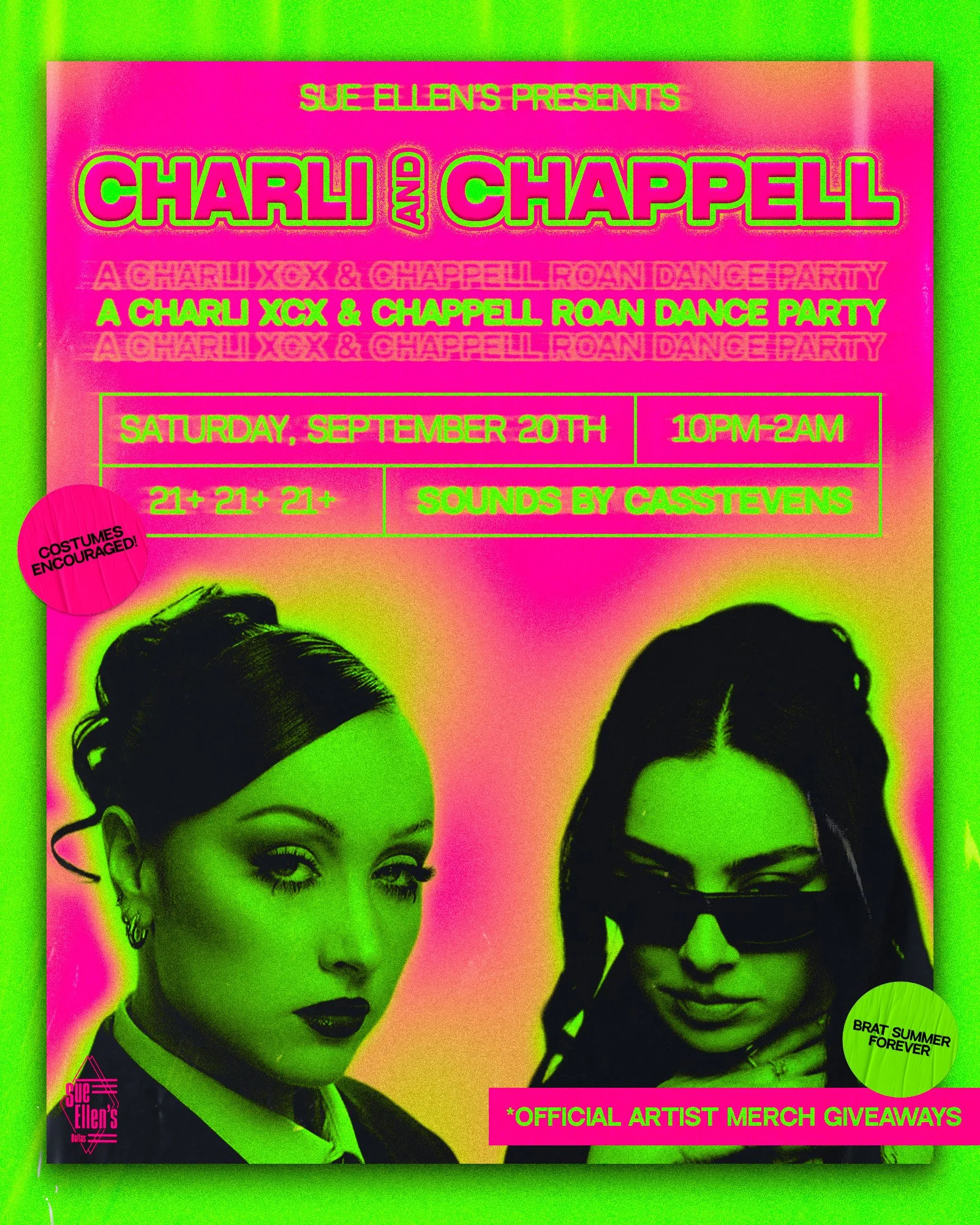 A neon-colored promotional poster for a dance party event featuring Charli XCX and Chappell, taking place on Saturday, September 20th from 10 PM to 2 AM with sounds by CassTevens. The poster has a vibrant pink, green, and yellow design, with photos o