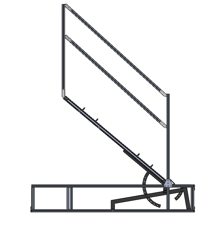 A mechanical diagram of a large flat screen television or monitor mounted on an adjustable stand with a rotating base.