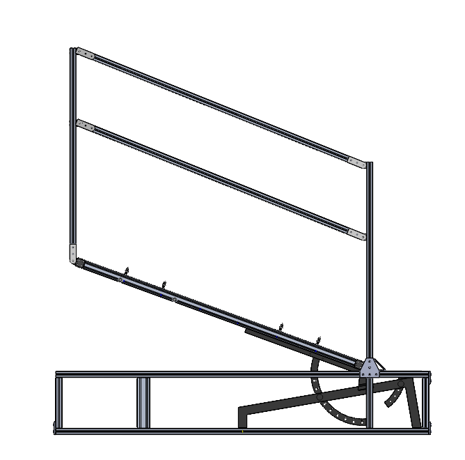 An adjustable projection screen frame with a black metal base, support arms, and a large white screen.