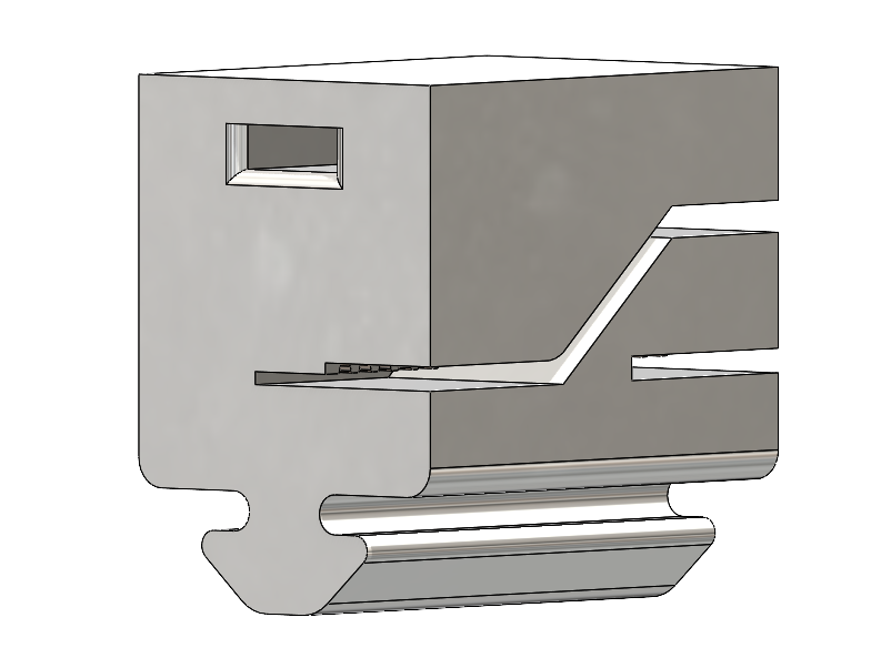 A computer-generated model of a partial building or structure with a small window, a sloped interior space, and a curved base.
