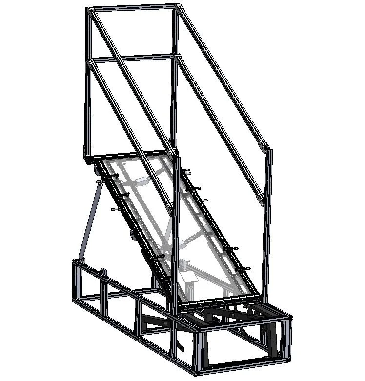 A digital rendering of a vehicle testing crash test rig with a sloped impact platform and a tall frame structure.