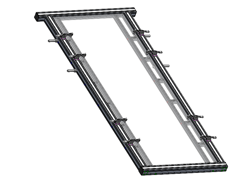 A 3D model of a rectangular metal frame with multiple clamps attached along the sides, likely a workbench or frame for assembly.