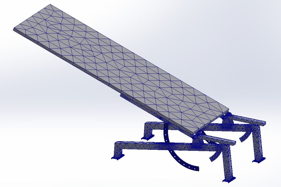 A digital rendering of a solar panel mounted on a tilting stand with articulated legs