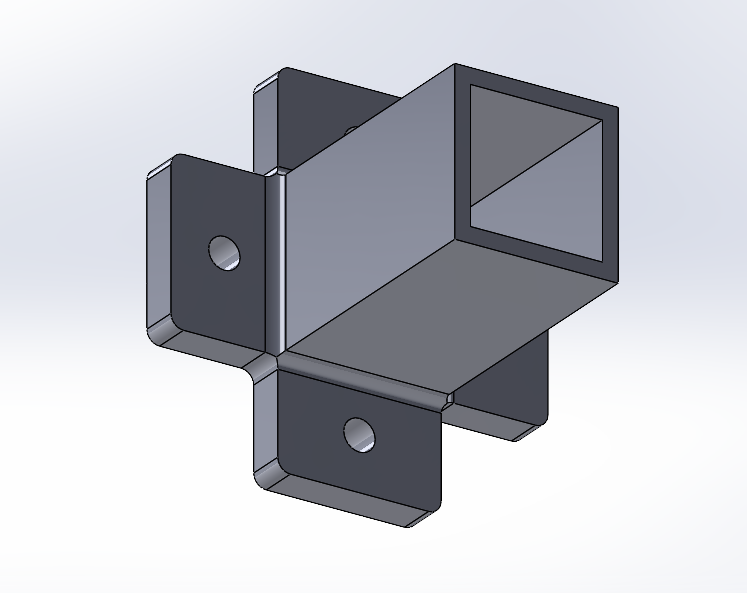 A 3D model of a metal bracket with multiple holes and rectangular cutouts, designed for structural support or assembly.