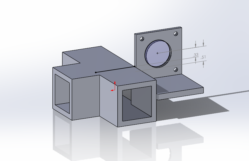 Computer-aided design of a metal mechanical assembly with multiple hollow cubic components and a mounting plate with a circular hole.
