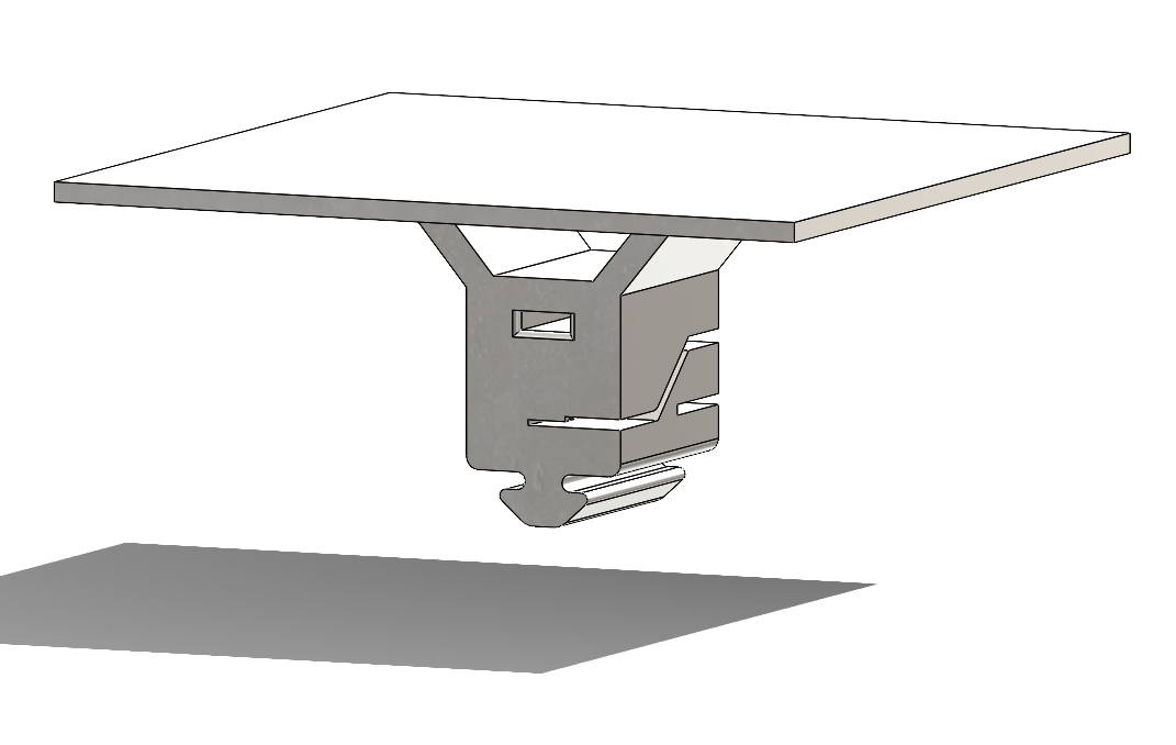 A computer-aided design (CAD) drawing of a metallic structure with a flat square top and a complex central support, casting a shadow below.