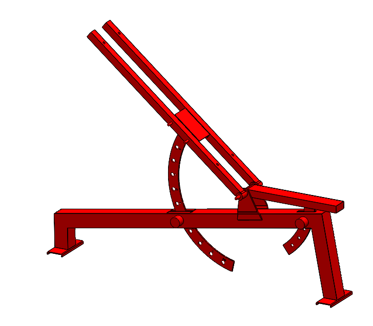 A red adjustable workout bench with a reclining backrest, used for strength training exercises.