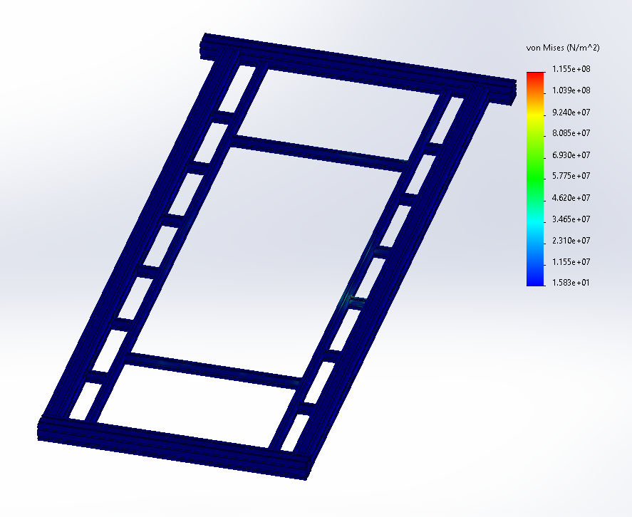 Finite element analysis of a rectangular steel frame structure with color-coded stress distribution, showing higher stress areas in red and lower in blue.