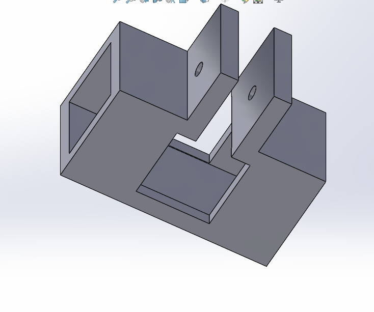 3D model of a metal component with holes and cutouts, featuring a flat base, vertical walls, and slots.