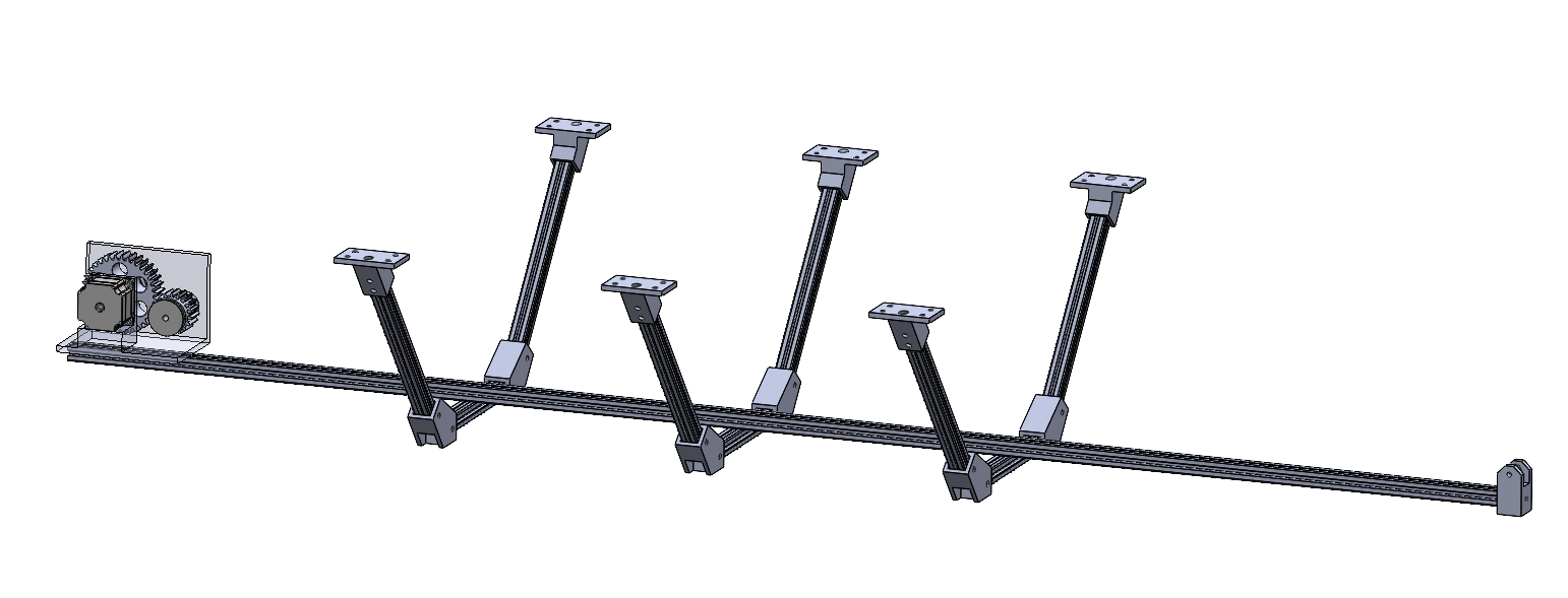 A mechanical frame with adjustable brackets and gear mechanism on the left side.