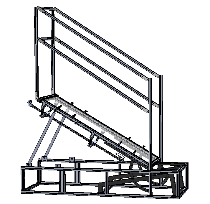A mechanical or engineering diagram of a large, complex frame or mechanical structure with various interconnected parts and support beams.