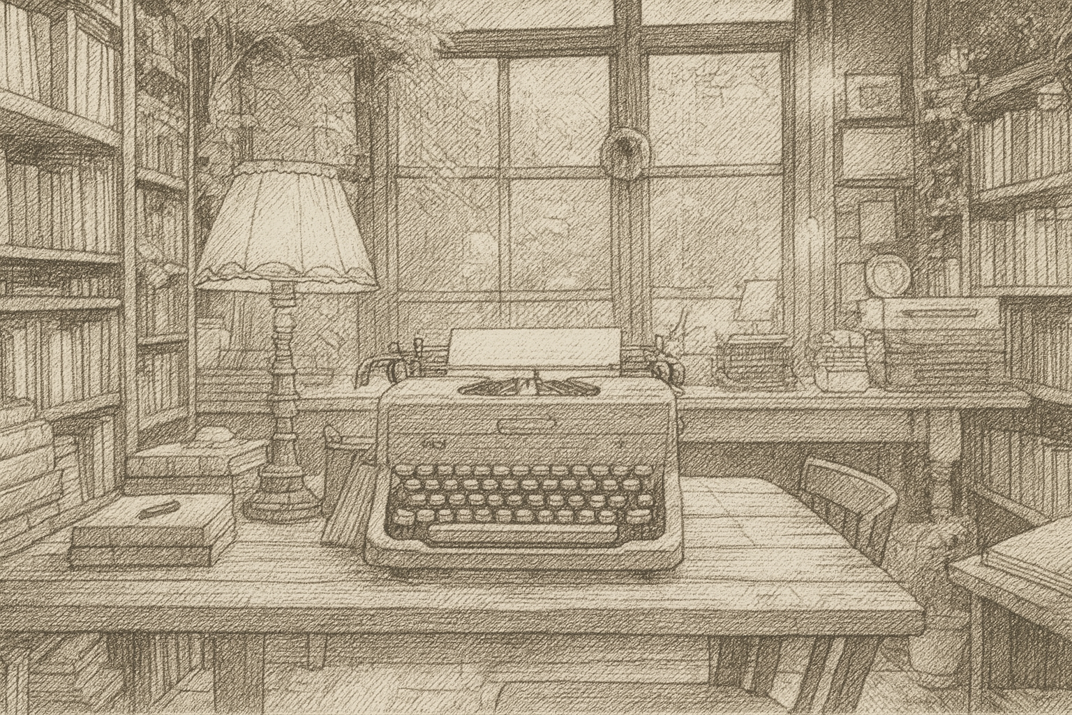 Sketch of a vintage typewriter on a wooden table in a cozy library or study room, surrounded by bookshelves filled with books, with a window in the background.