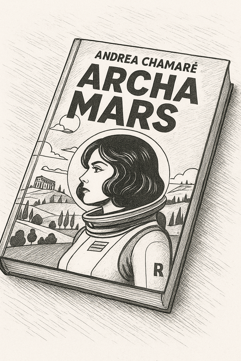 Black and white drawing of a book titled 'Archa Mars' by Andrea Chamaré, featuring a woman's portrait in an astronaut helmet with a landscape and distant structure in the background.