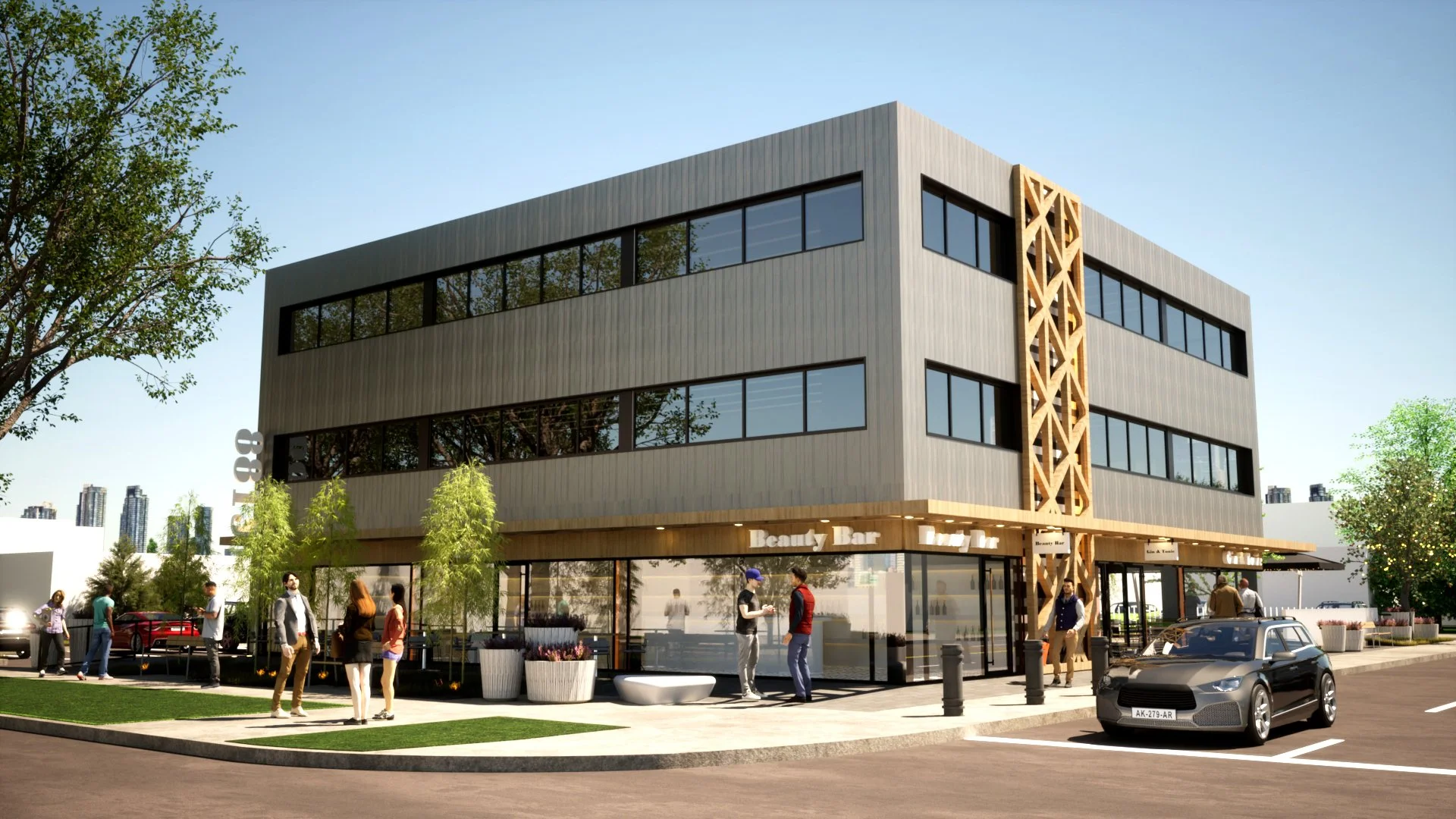 A modern multi-story building with large windows and wooden accents, labeled 'Beauty Bar,' with people standing outside, some near parked cars, and trees lining the area under a clear blue sky.