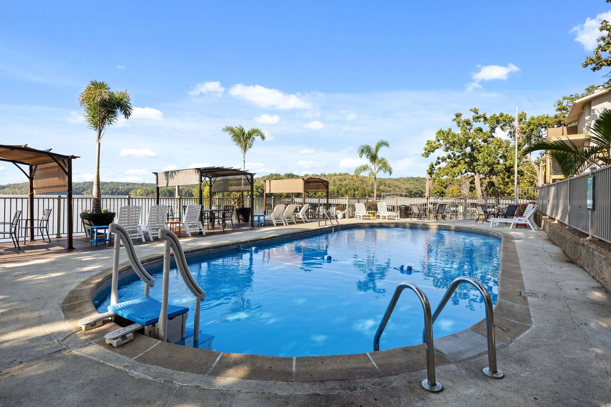 The perfect little lakeside pool. Check it out at Malibu Shores at Lake of the Ozarks!