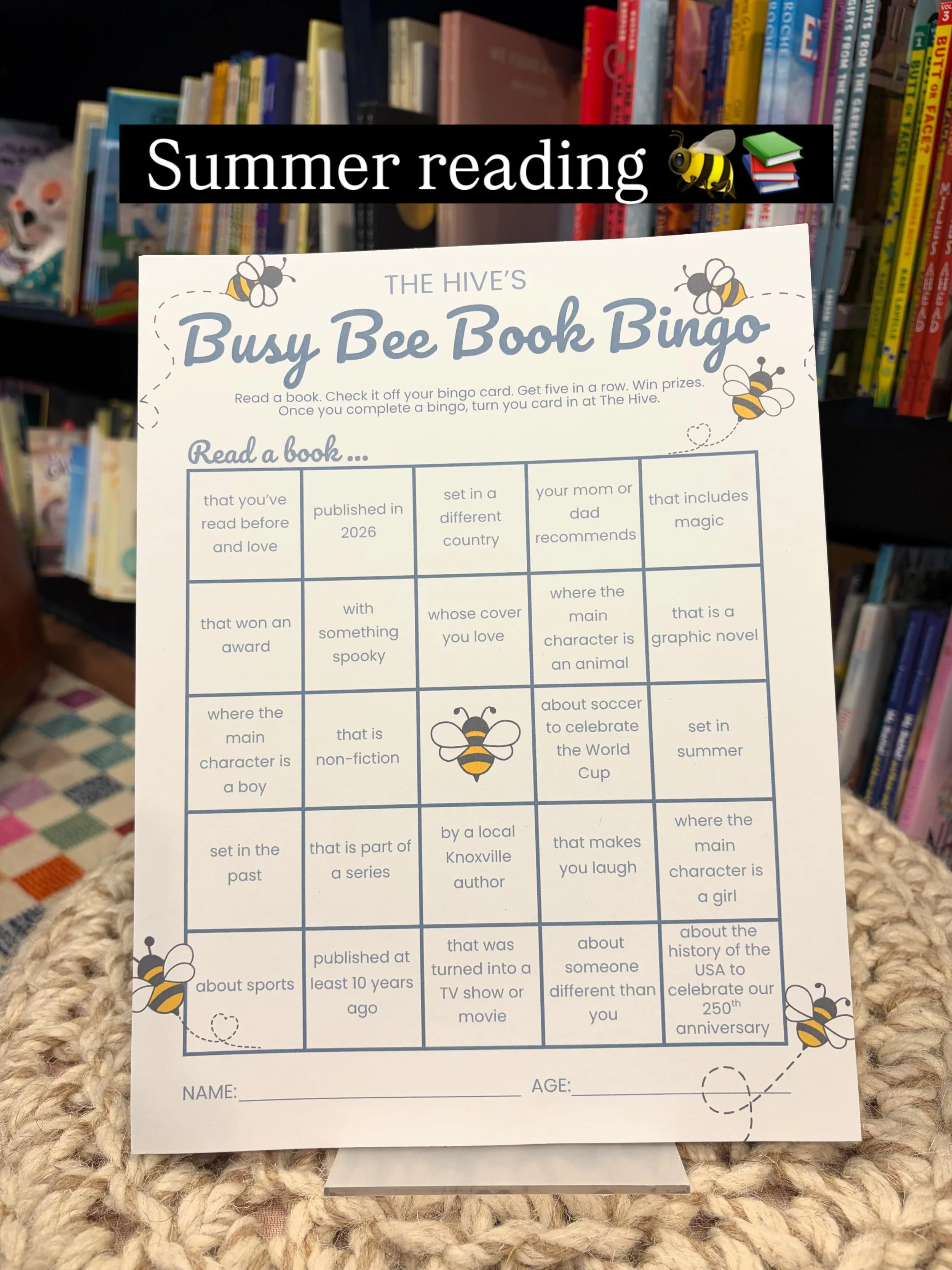 School&rsquo;s out and The Hive Bookshop is here for all your reading needs! Swing on by the shop today for our first storytime at 10:30 AM and grab a copy of our Busy Bee Book Bingo. All finished bingo cards will receive prizes! 🐝📚😎

#thehivebook