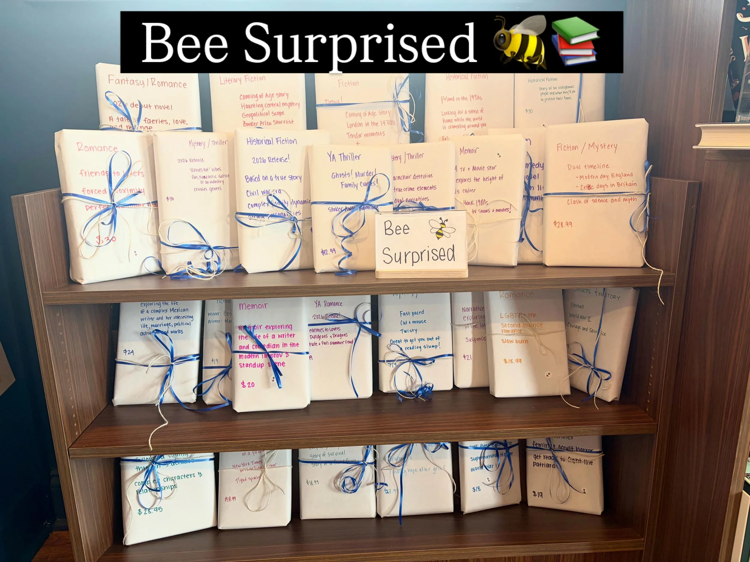 🐝 Bee Surprised 🐝

Sometimes the best books are the ones you didn&rsquo;t know you were looking for.

Choose a wrapped book based on a few clues, take it home, and enjoy the surprise. It&rsquo;s a fun way to discover a new favorite, and trust us, o