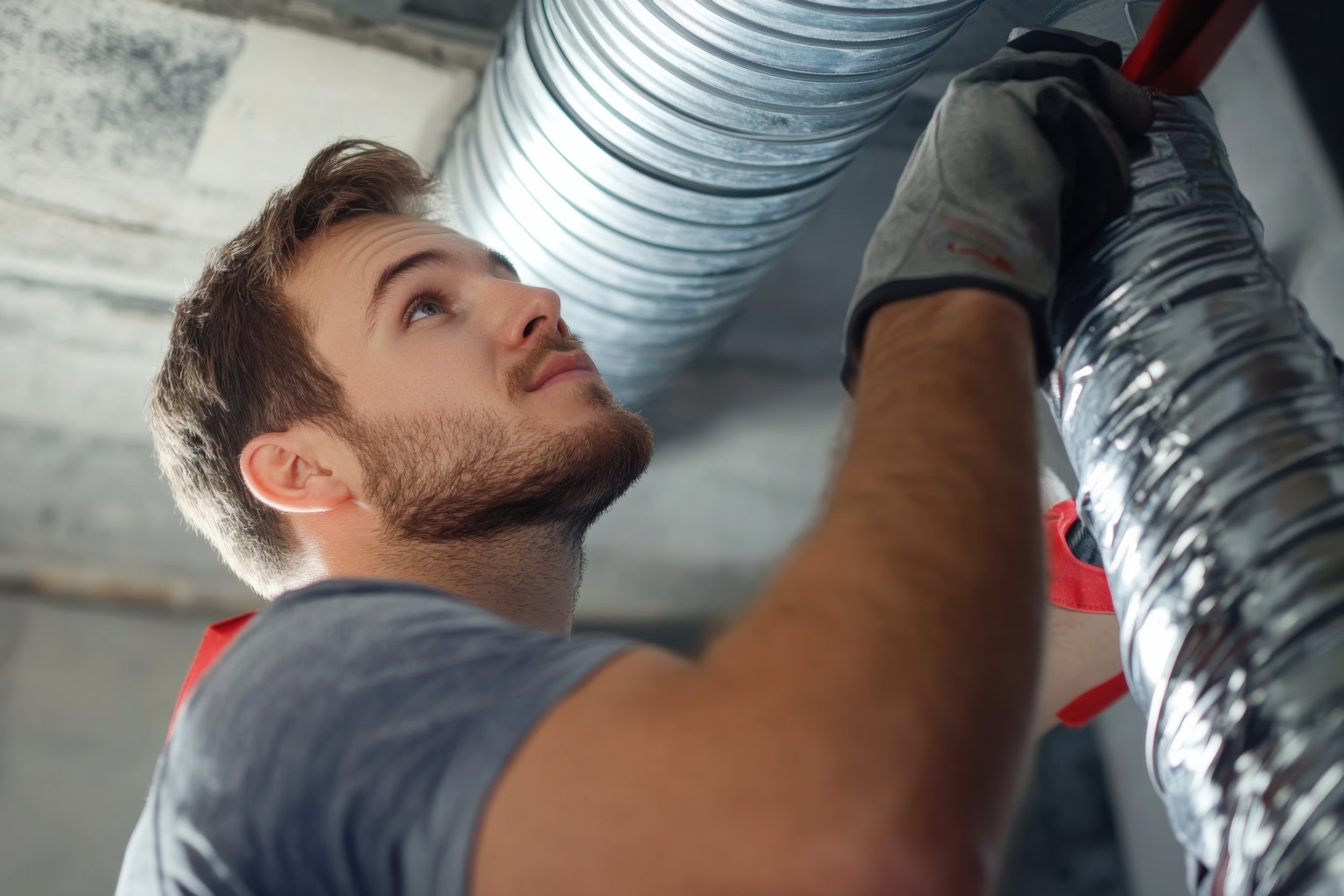A man working on a ventilation duct in a building ceiling, wearing gloves and a gray shirt.