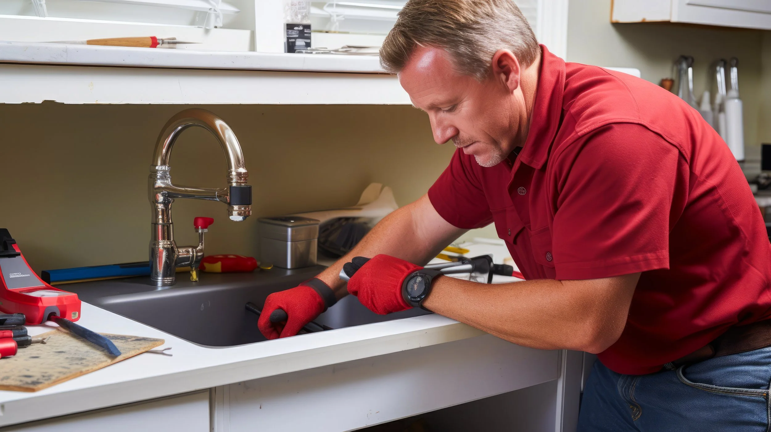 A man wearing red gloves working on a plumbing pipe under a kitchen sink with tools and equipment around him.