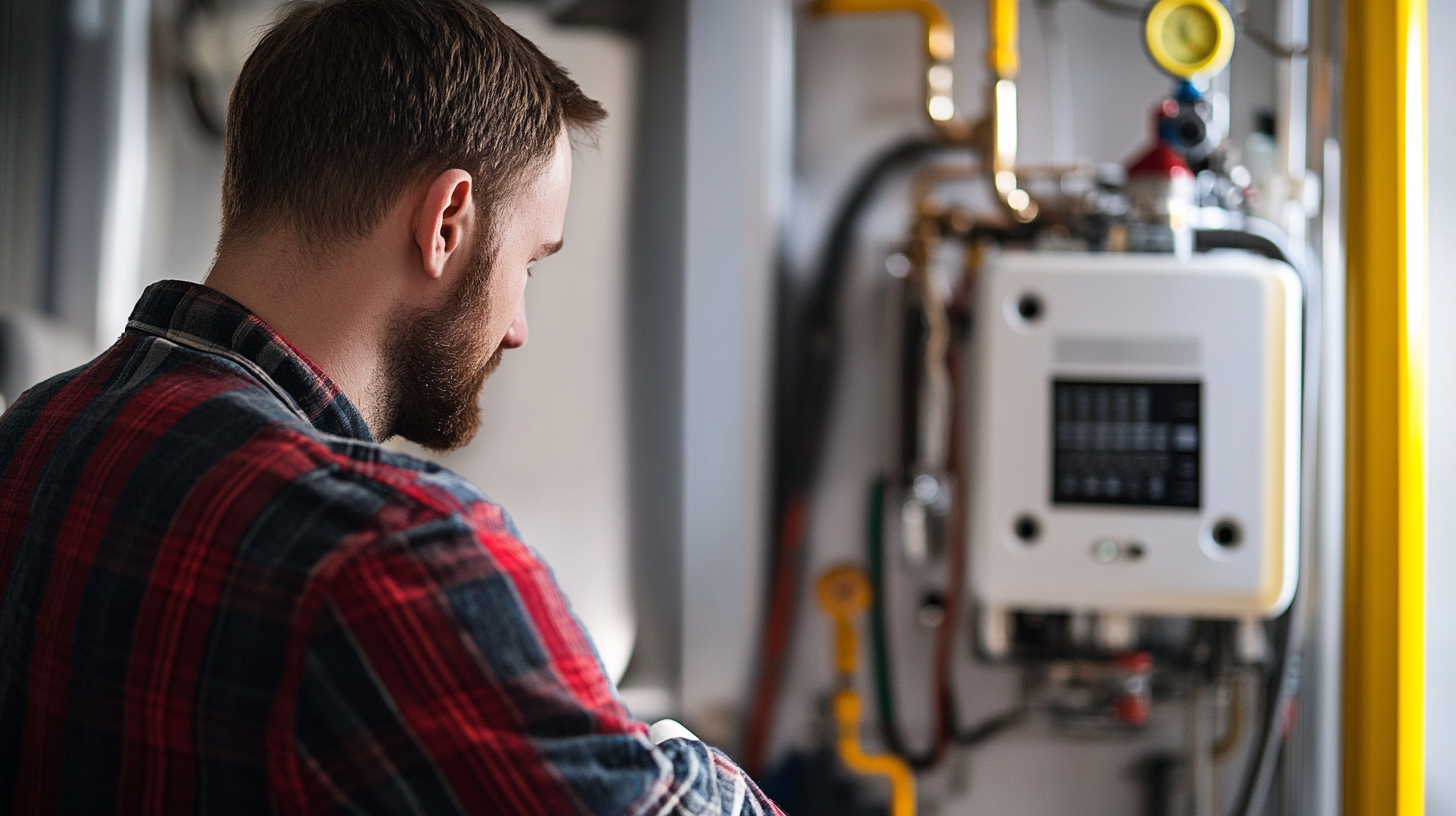 A man with a beard and plaid shirt inspecting electrical or mechanical equipment.
