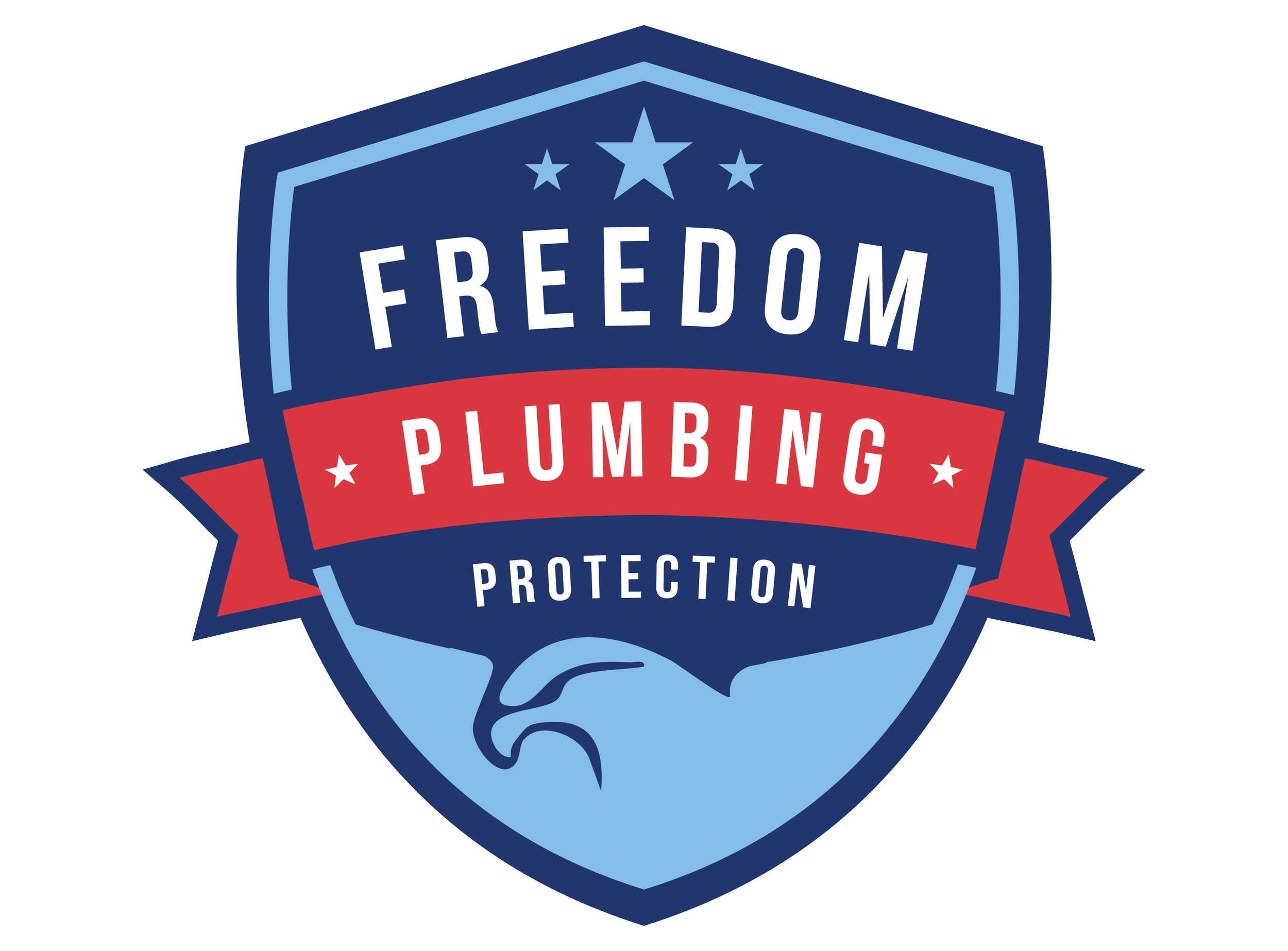 A shield-shaped emblem with a blue background and light blue bottom section featuring an eagle silhouette. The emblem has the words 'FREEDOM' at the top, 'PLUMBING' on a red banner in the middle, and 'PROTECTION' at the bottom, symbolizing a plumbing service emphasizing freedom and protection.