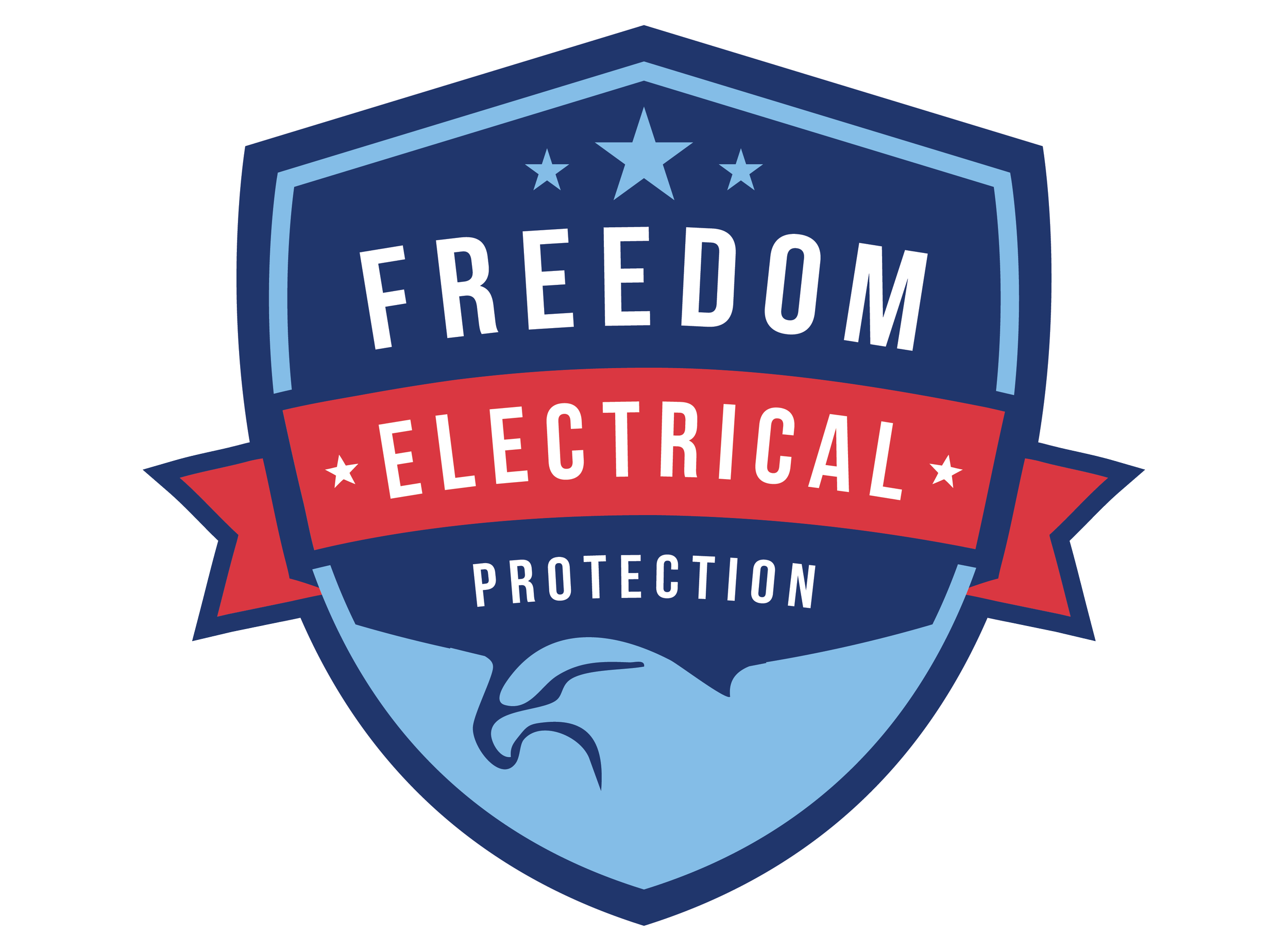 A shield-shaped badge with an eagle at the bottom. The badge has the words 'FREEDOM', 'ELECTRICAL', and 'PROTECTION' with a red banner across the middle. The colors are primarily blue, red, and white, with stars for decoration.