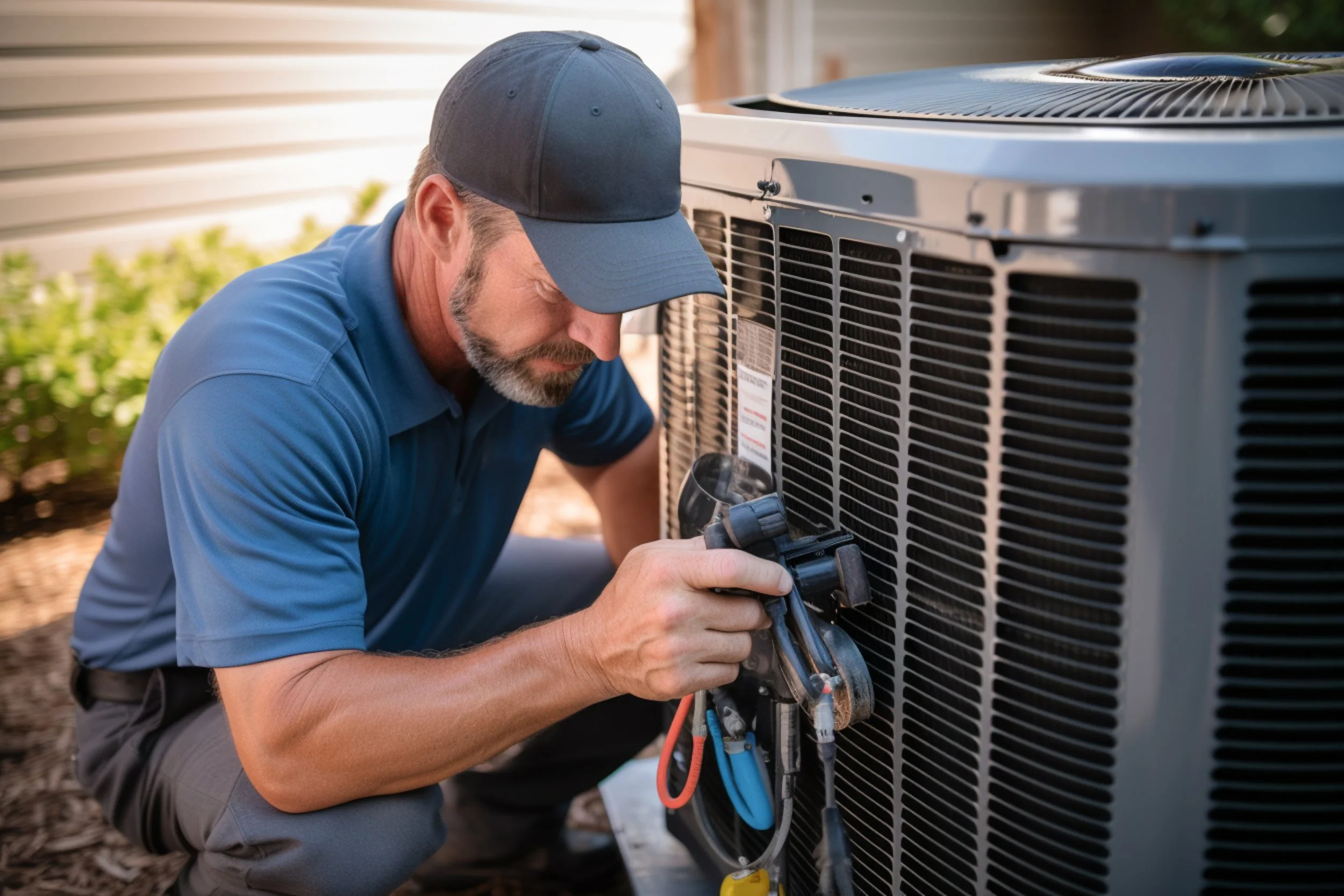Technician inspecting or repairing an outdoor air conditioning unit.