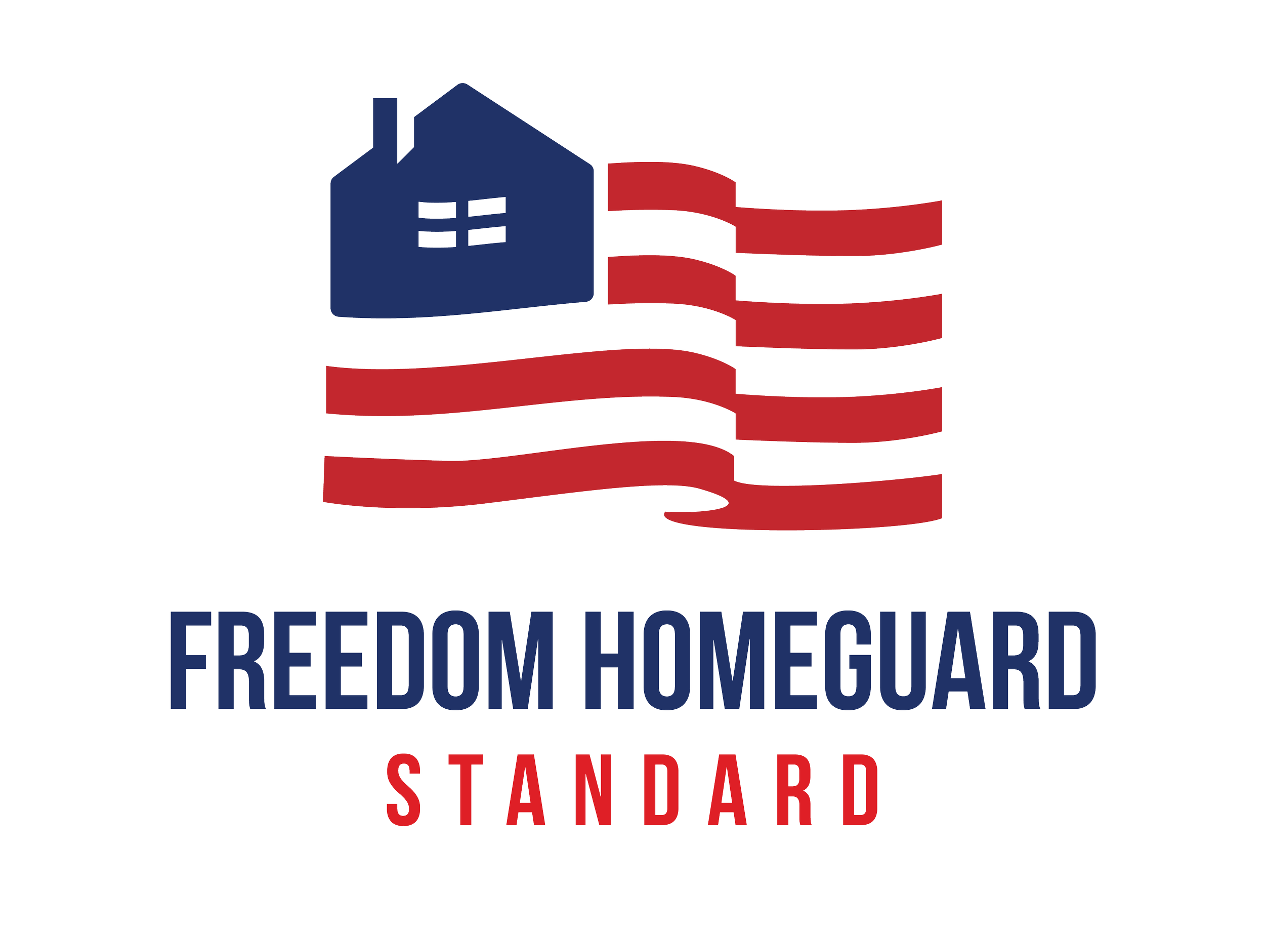 Logo for Freedom Homeguard Standard featuring a blue house icon with white window panes and a red, white, and blue stylized American flag design.
