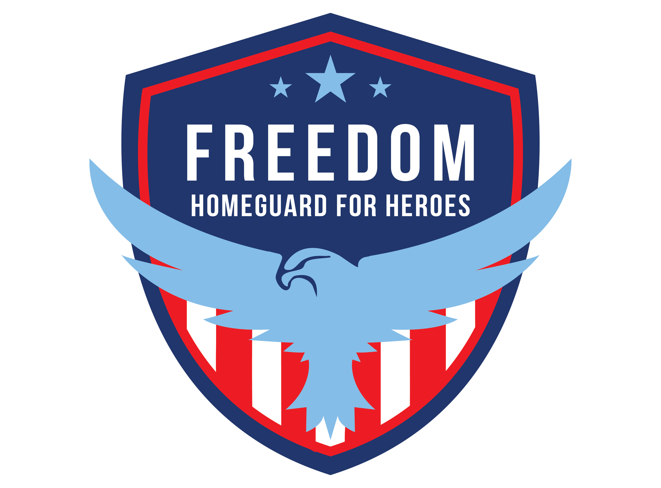 A patriotic emblem with a shield-shaped background in dark blue, red, and white. It features a light blue eagle with outstretched wings and the words "FREEDOM" and "HOMEGUARD FOR HEROES" in white text.