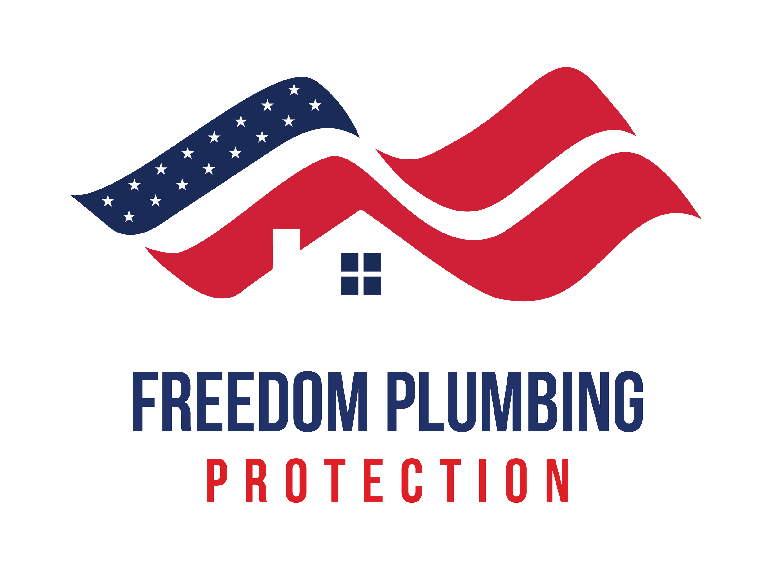 Logo for Freedom Plumbing Protection featuring a stylized American flag and a house, with the company name in bold letters.