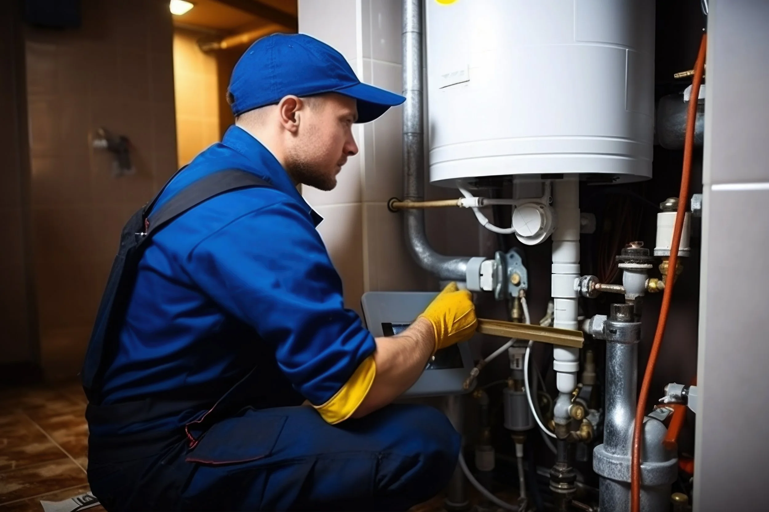 Plumber working on a water heater, wearing a blue uniform and yellow gloves.