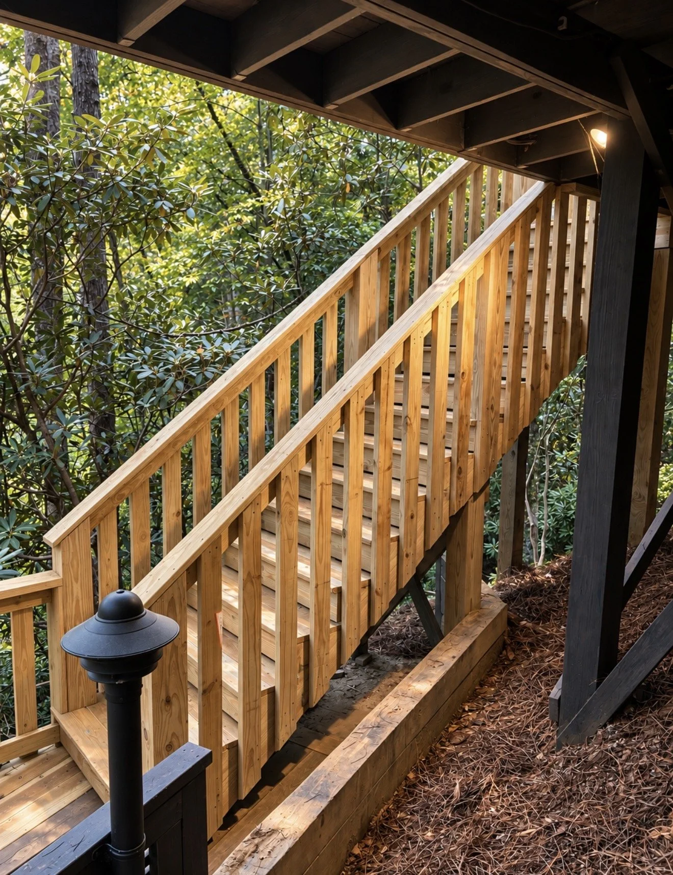 Wooden staircase under construction with railing, surrounded by trees and foliage, with a black lamp post at the bottom.