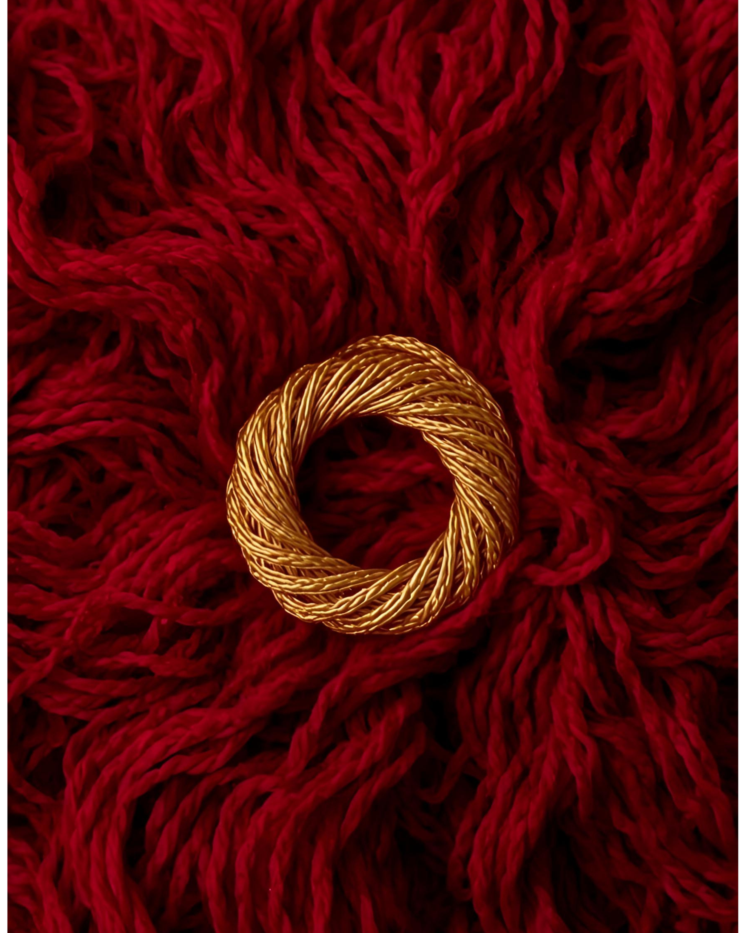 A gold twisted rope ring placed on a red chunky knit fabric background.