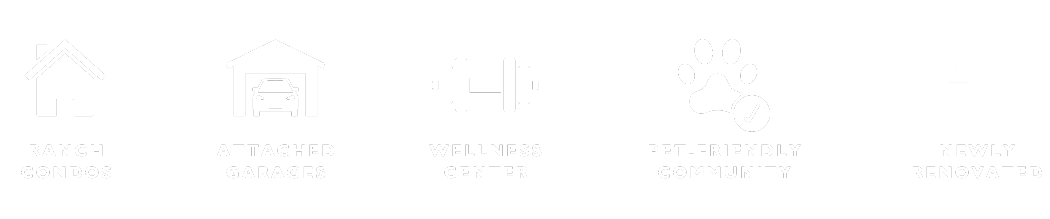 Icons with labels for ranch condos, attached garages, wellness center, pet-friendly community, and newly renovated.