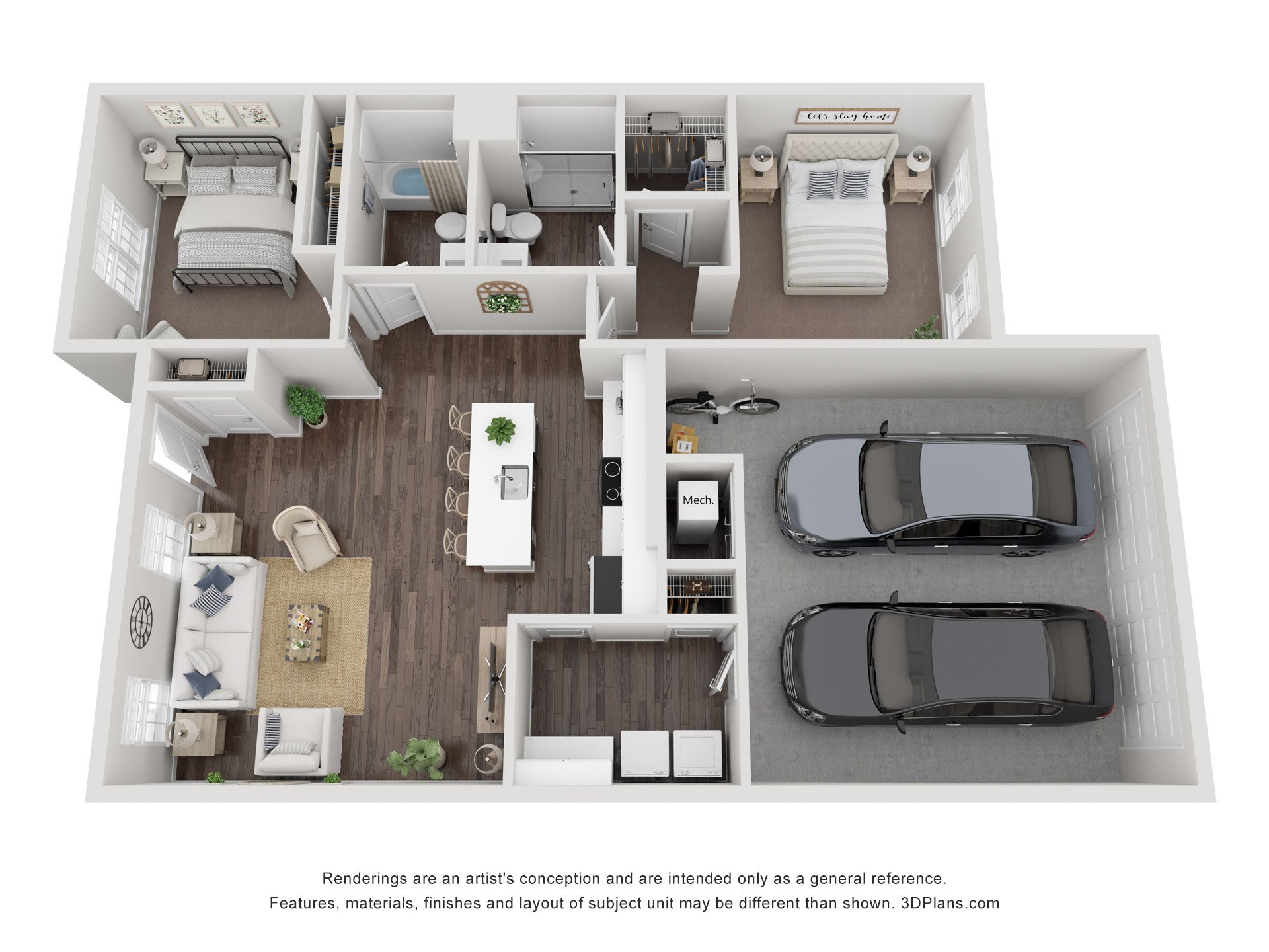 2D floor plan of a house with two bedrooms, one bathroom, a living room, a kitchen with an island, a dining area, a garage with two parked cars, and laundry area.