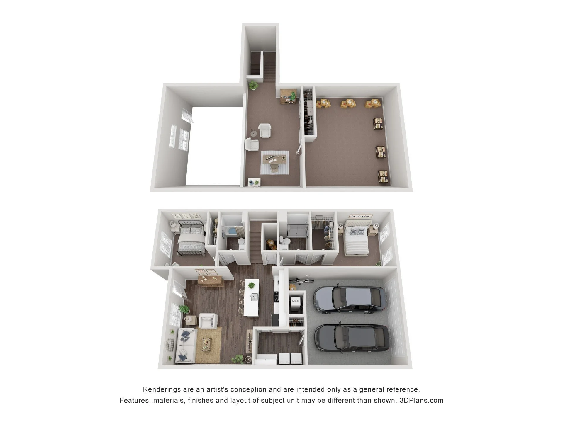 3D floor plan of a two-story house, showing living room, kitchen, bedrooms, bathrooms, and a two-car garage on the first floor, with an upper level featuring a game or hobby room, office space, and additional seating area.
