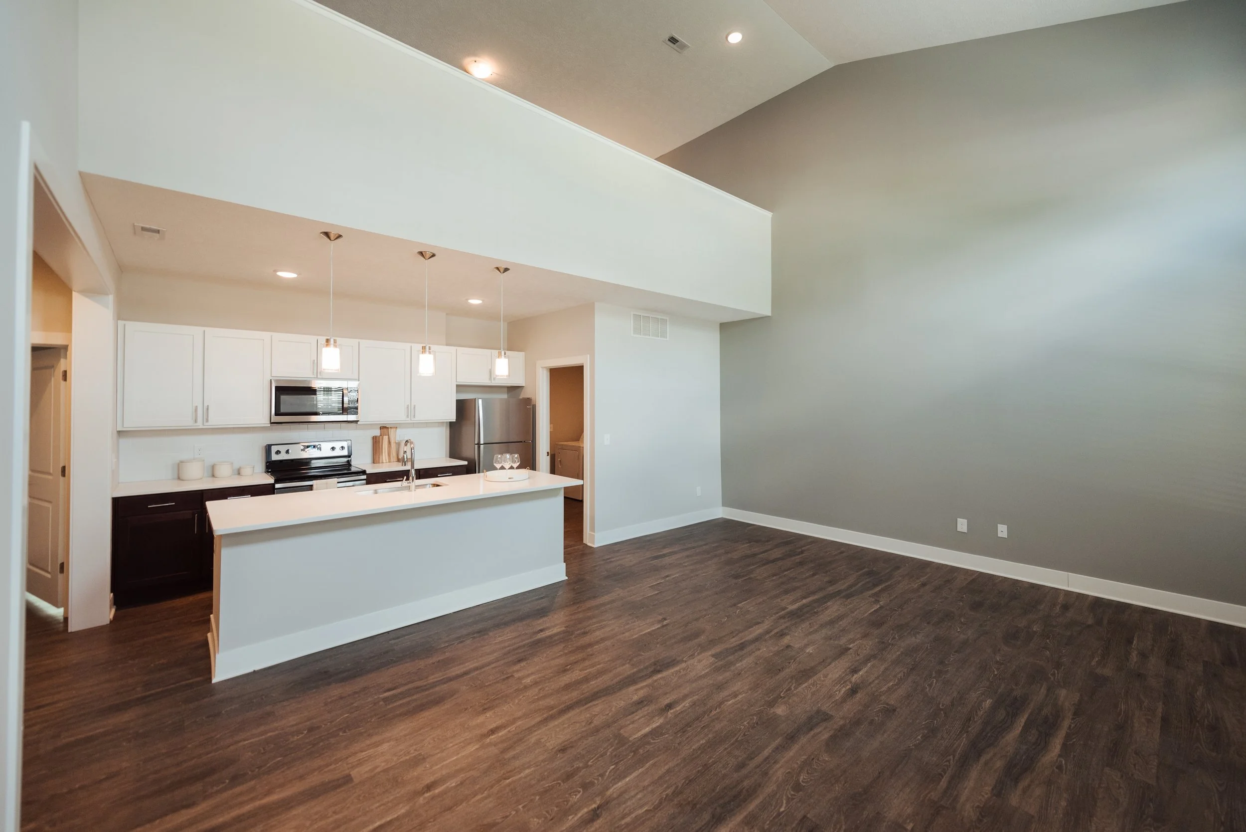 Open-concept living room and kitchen with dark hardwood floors, white kitchen cabinets, stainless steel appliances, and modern pendant lighting.