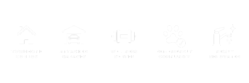 Icons with labels for amenities: townhome condos, attached garages, wellness center, pet-friendly community, newly renovated.