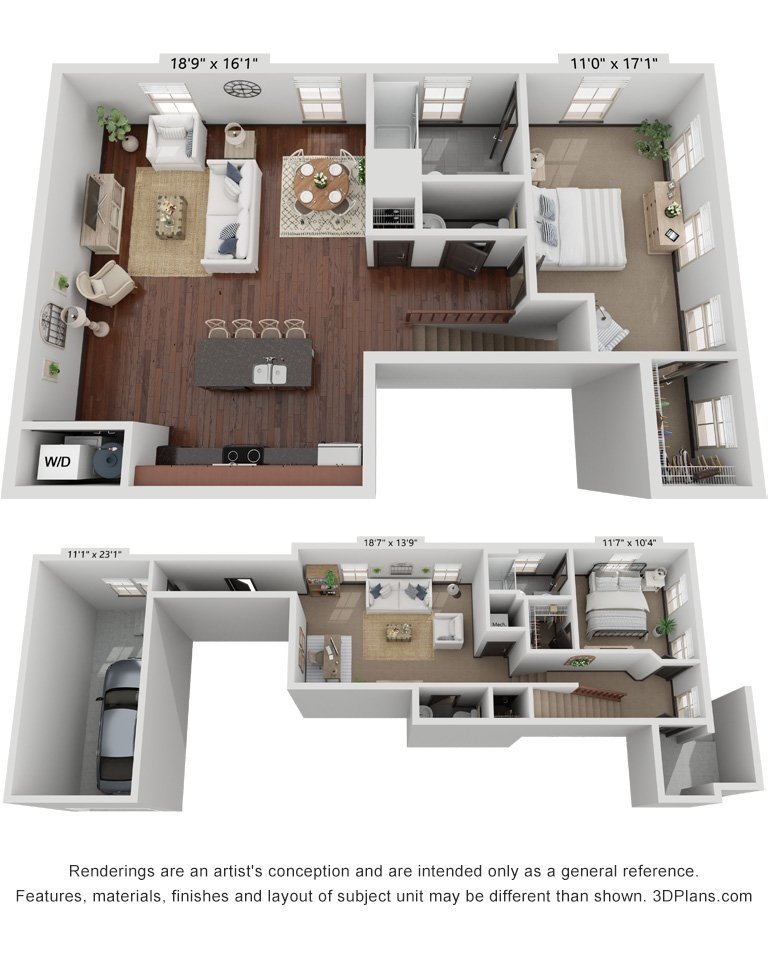 2-story residential floor plan with living rooms, bedrooms, bathrooms, kitchen, and garage