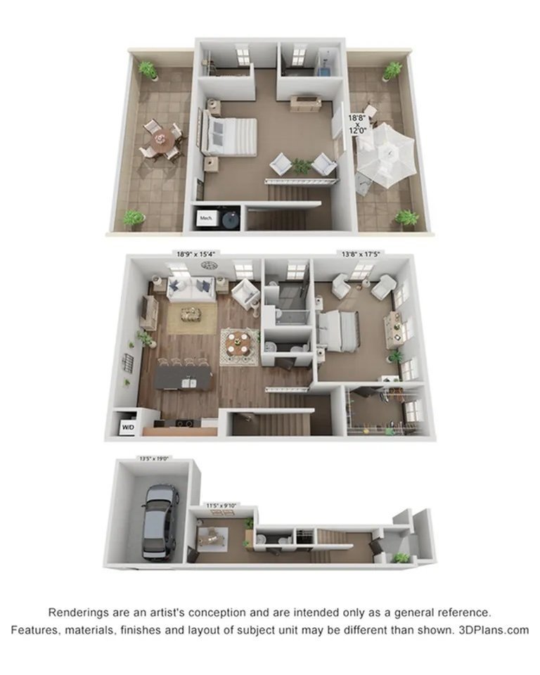 Floor plan of a three-story house showing garage, entry, kitchen, living room, bedrooms, bathrooms, and outdoor patios with furniture and plants.