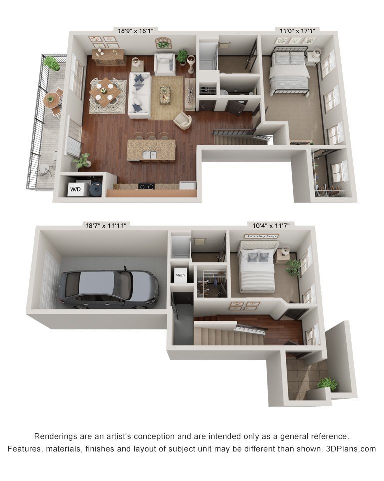 Two-story apartment floor plan with measurements, featuring a garage, laundry area, bathroom, living room, kitchen, dining area, and two bedrooms, one with a balcony.