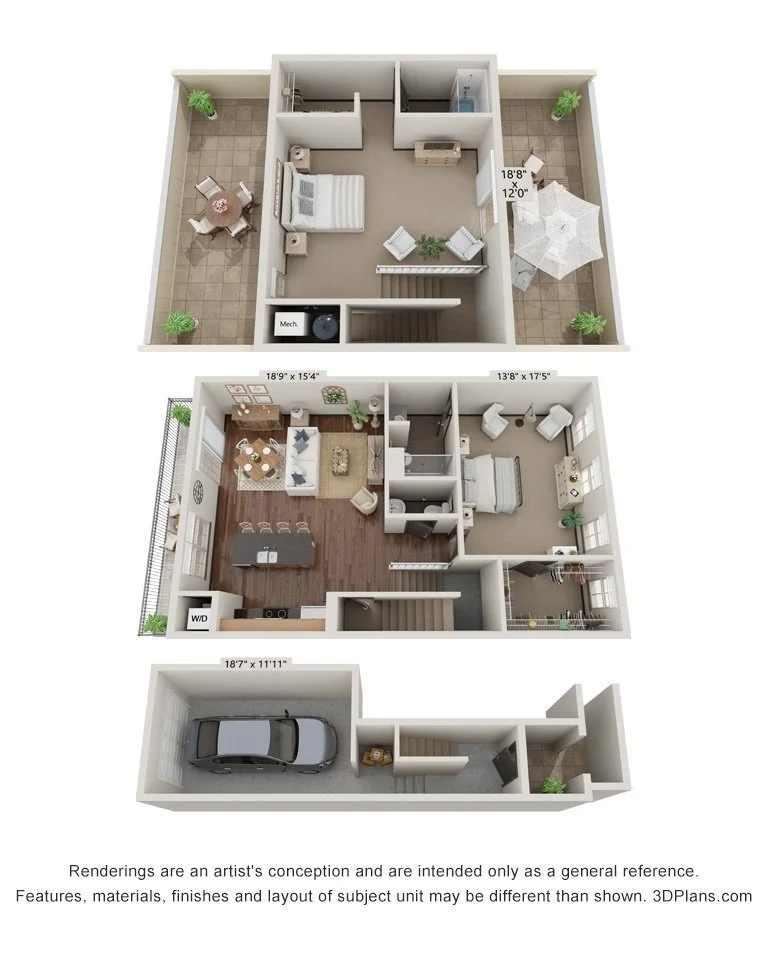 A three-floor apartment layout with a garage on the ground level, a living room, dining area, kitchen, bedroom, and bathroom on the middle level, and a bedroom with a balcony on the top level.