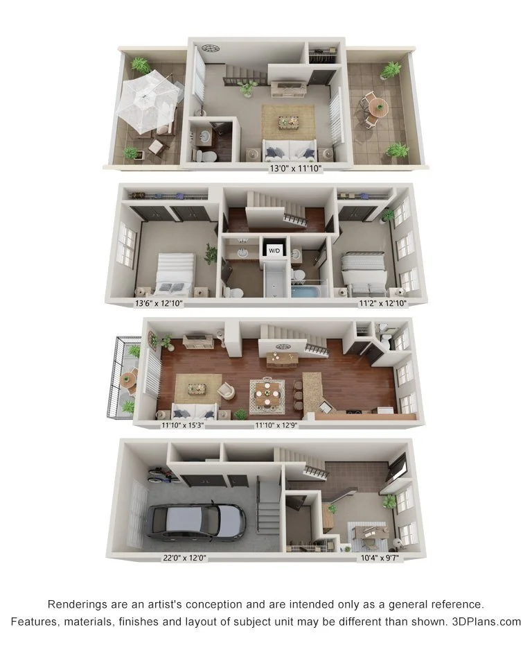 Three-story house floor plan with garage, living room, dining area, kitchen, bedrooms, bathrooms, laundry area, stairs, balcony, and outdoor patio.