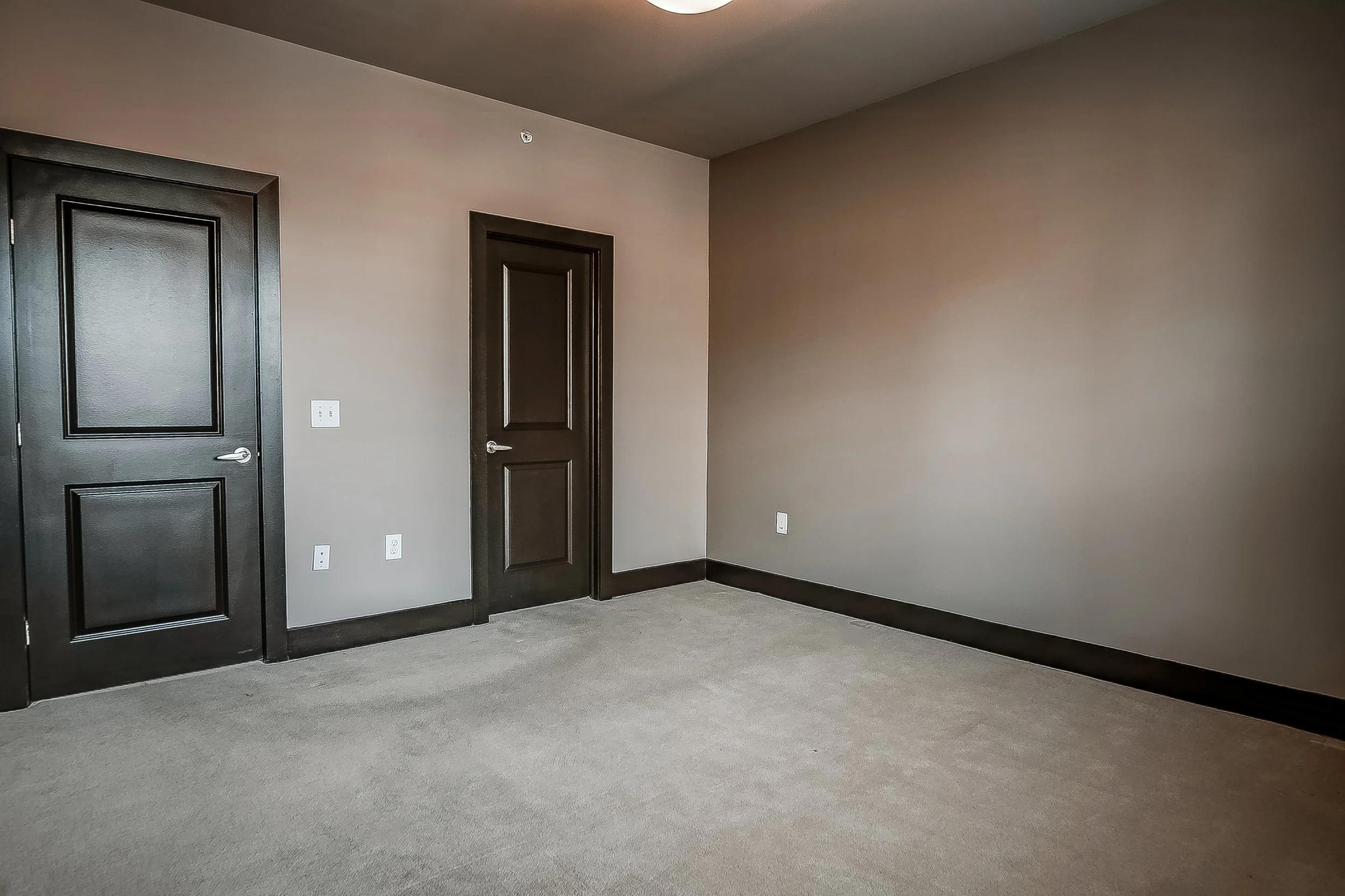 Empty room with gray walls, dark brown doors, and beige carpet.