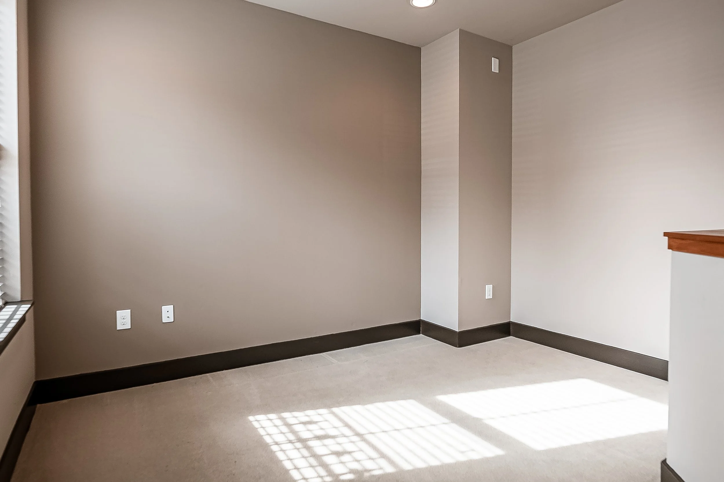 Empty room with beige walls, carpeted floor, and sunlight coming through a window casting shadow patterns on the floor.