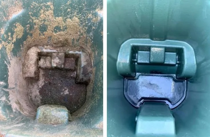 Comparison of two trash cans: one old and rusty, the other new and clean.