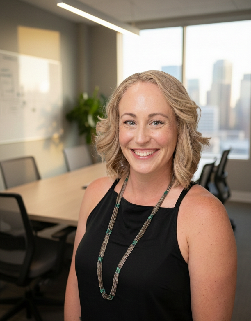 A smiling woman with shoulder-length blonde hair in a black sleeveless top and green-beaded necklace in a modern conference room with large windows and city view.
